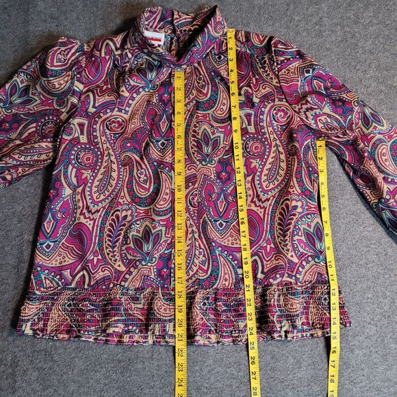 VTG 70s Judy Bond Top Purple Paisley Womens 14 Mod Boho Shirred Waist Office - Picture 3 of 9